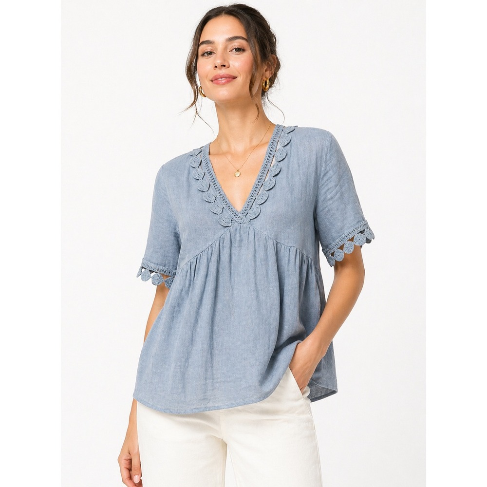 Spaziochic Linen Top Women Medium Blue Babydoll V-Neck Crochet Made in Italy